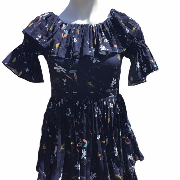 Aqua Blue Pattern Maxi Dress Floral Tiered Off Shoulder Pleated Size Small New - Picture 2 of 9